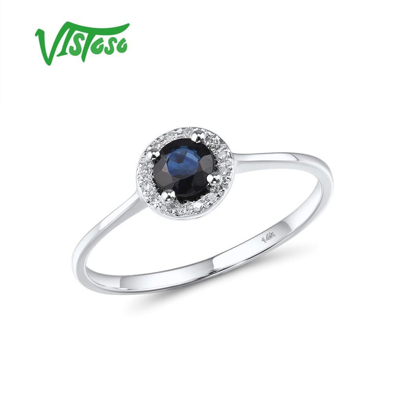 VISTOSO Pure 14K 585 White/Rose Gold Sparkling Diamond Round Blue Sapphire Ring