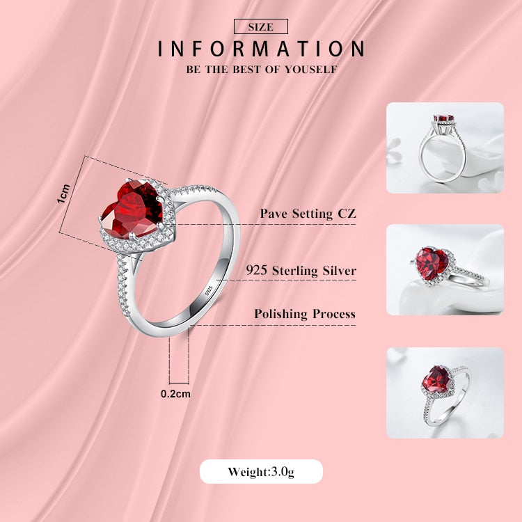 925 Sterling Silver Red Heart Ring with 5A CZ Zirconia for Women