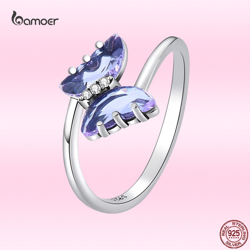 925 Sterling Silver Purple Flying Butterfly Ring for Women