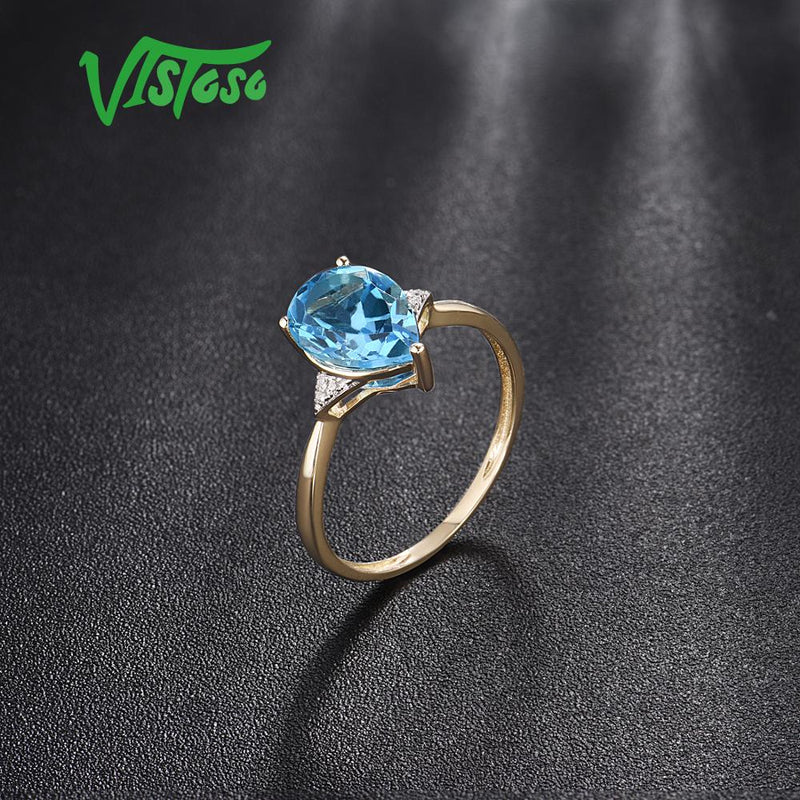 VISTOSO 14K 585 Yellow Gold Sparkling Diamond Limpid Blue Topaz Ring