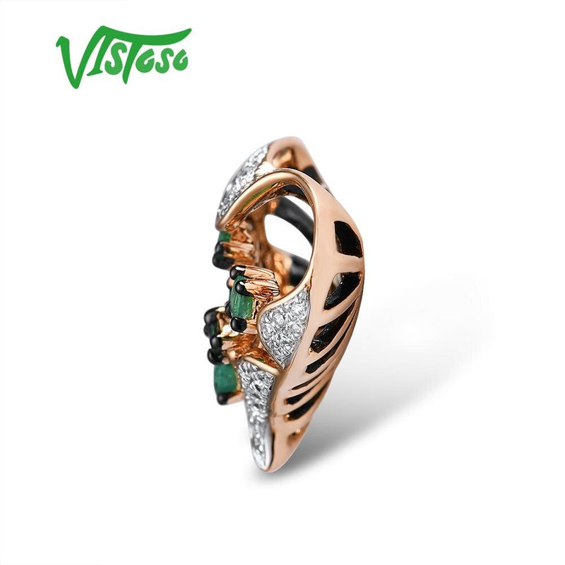 14K Rose Gold Natural Emerald and Diamond Hollow Heart Pendant for Women