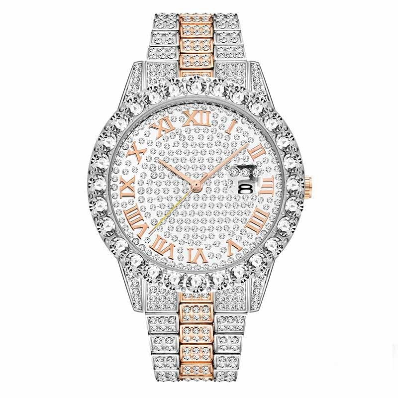 Big Diamond Red Mens Watches Top Luxury Brand 18K Gold Watch Men Stainless Steel Link Analog Best Quartz Wristwatch