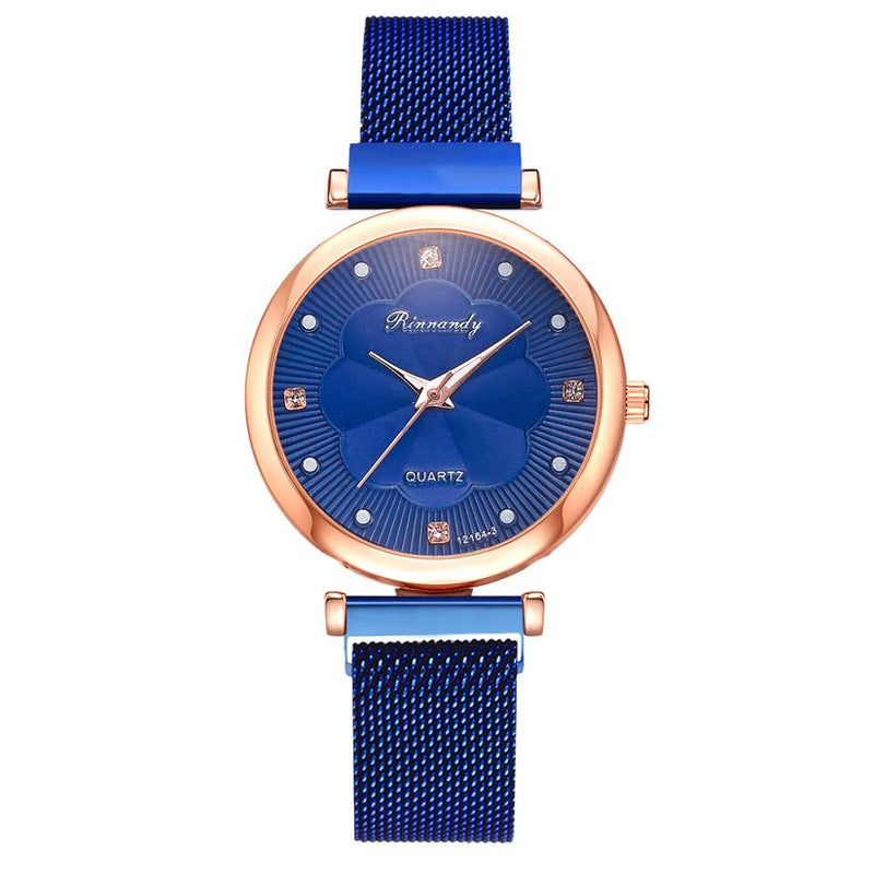 Stainless Steel Rhinestone Flower Watch Set for Women