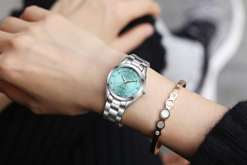 CHRONOS Women Stainless Steel Rhinestone Silver Bracelet Quartz Waterproof Watch