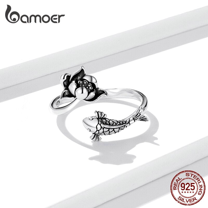 925 Sterling Silver Lotus Koi Fish Ring for Women