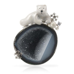 INATURE 18K White Gold Bear Pendant Natural Agate Geode 925 Sterling Silver Necklace
