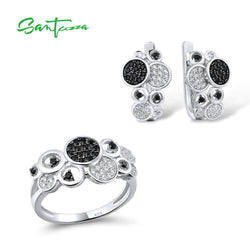 SANTUZZA Pure 925 Sterling Silver Sparkling Black Spinel Ring & Earrings Jewelry Set