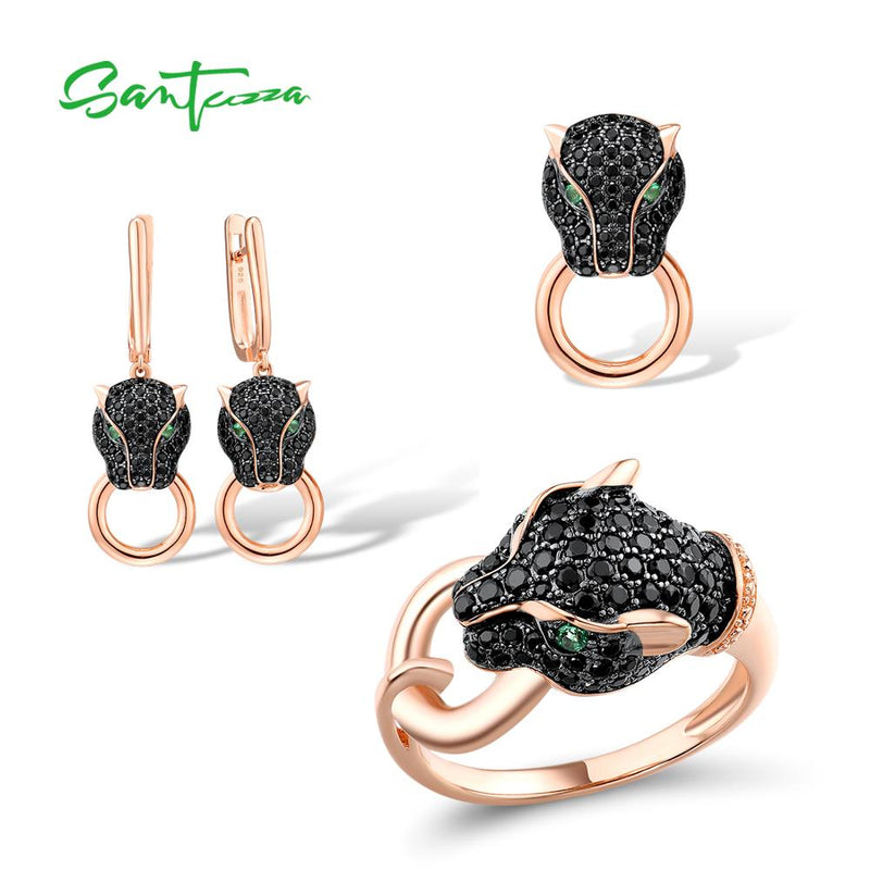 SANTUZZA Trendy Black Green Spinel Panther Ring Earrings & Pendant Jewelry Set 925 Sterling Silver