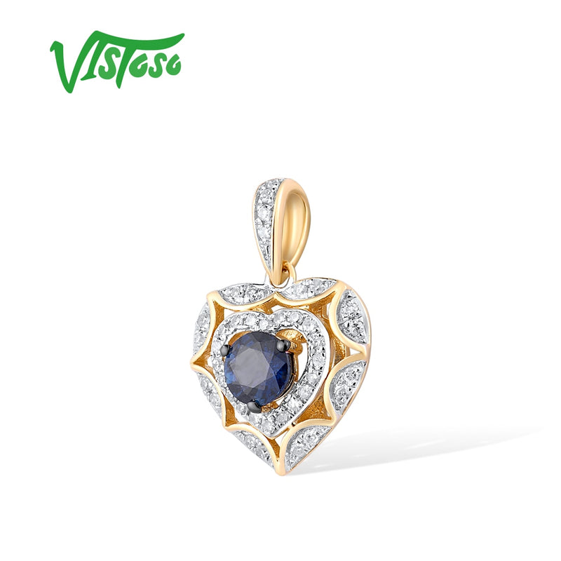 14K Yellow Gold Heart Pendant with Diamond Blue Sapphire for Woman