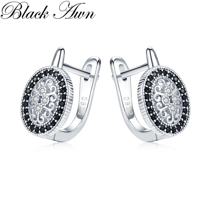 Black Awn Classic 925 Sterling Silver Round Black Trendy Spinel Hoop Earrings