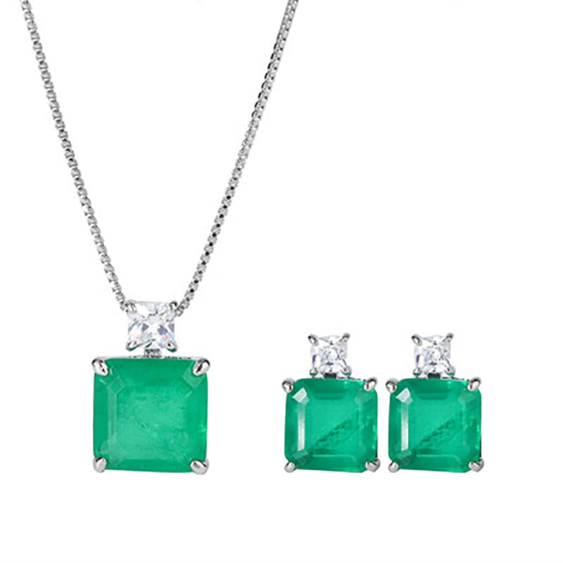 Sterling Silver Emerald Pendant Necklace Earrings Set for Women