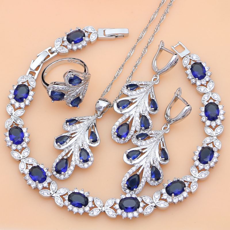 Sterling Silver Blue Sapphire and White Crystal Leaf Jewelry Set for Women