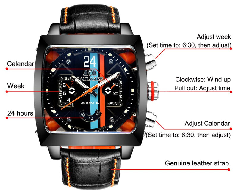 Automatic Self Wind Mechanical Genuine Leather Stainless Steel Watch Men