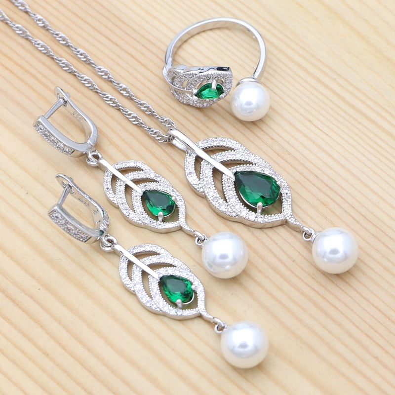 Silver Natural Green Cubic Zirconia White Pearl Jewelry Set for Women