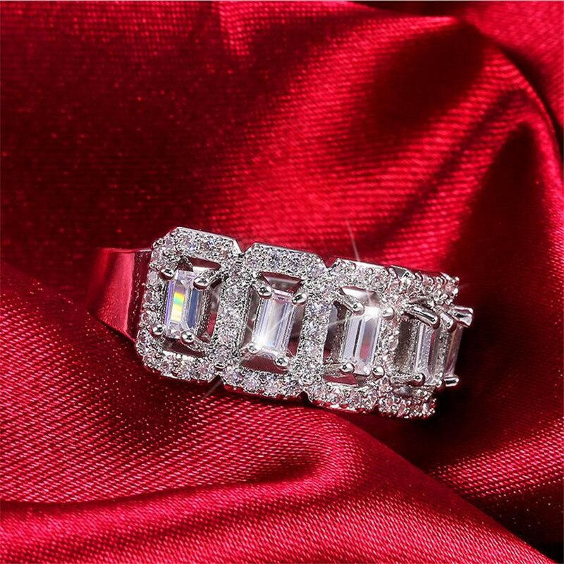 2021 Cocktail Fashion Jewelry 925 Sterling Silver Emerald Cut CZ Diamond Promise Women Wedding Engagement Band Ring Gift