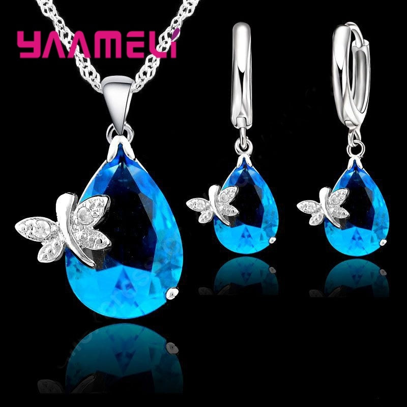 Real Pure 925 Sterling Silver Jewelry Sets Austrian Crystal Dragonfly Water Drop CZ Pendant Necklace LeverBack Hoop Earrings