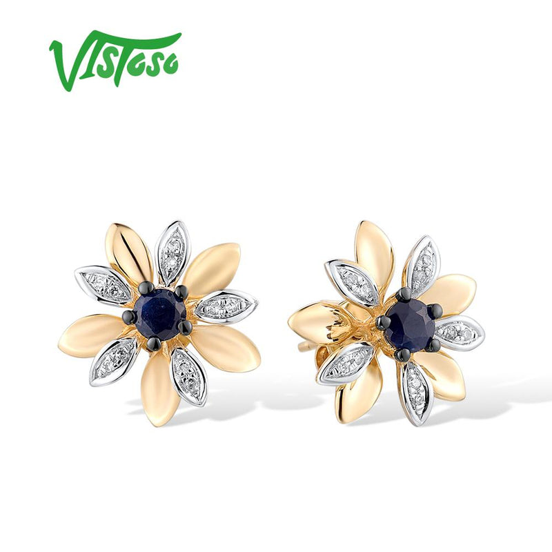 14K Yellow Gold Blue Sapphire Diamond Flower Stud Earrings for Women