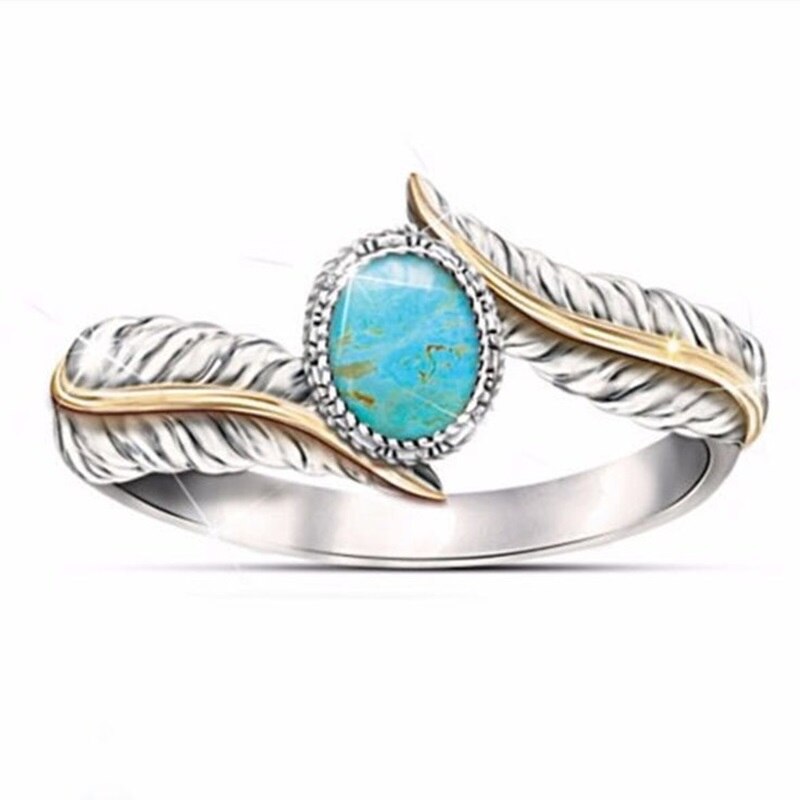 OMHXZJ Wholesale European Fashion Woman Girl Party Birthday Wedding Gift Feather Oval Turquoise 925 Sterling Silver Ring RR1020