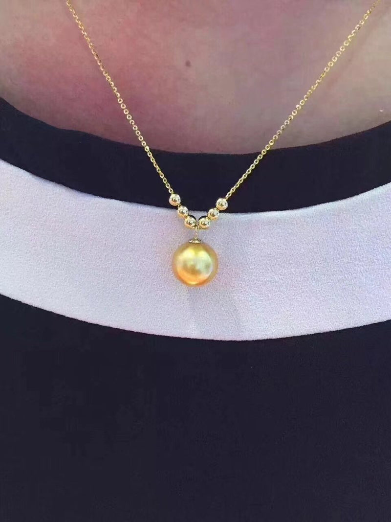 18K Gold Natural 9-10mm Fresh Water Golden Pearl Pendant Necklace