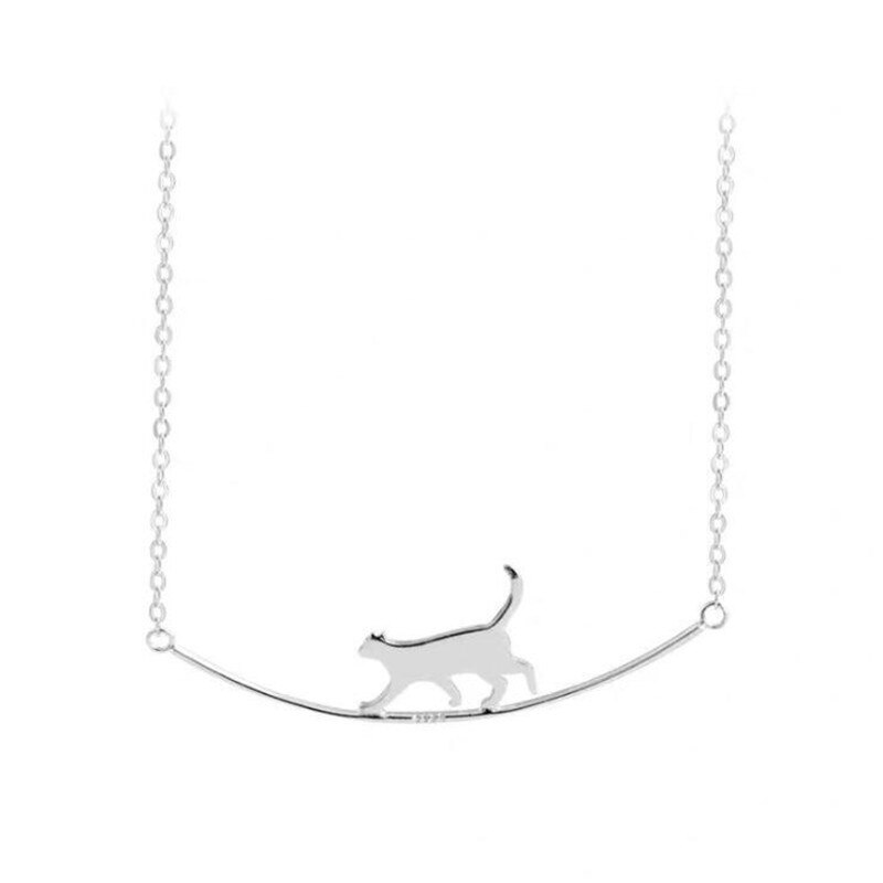 Cute Walking Cat Chain Necklace 925 Sterling Silver