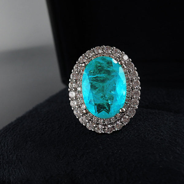 Vintage 100% 925 Sterling Silver10*14mm Paraiba Tourmaline Gemstone Wedding Engagement Diamonds Ring Gift Fine Jewelry for Women