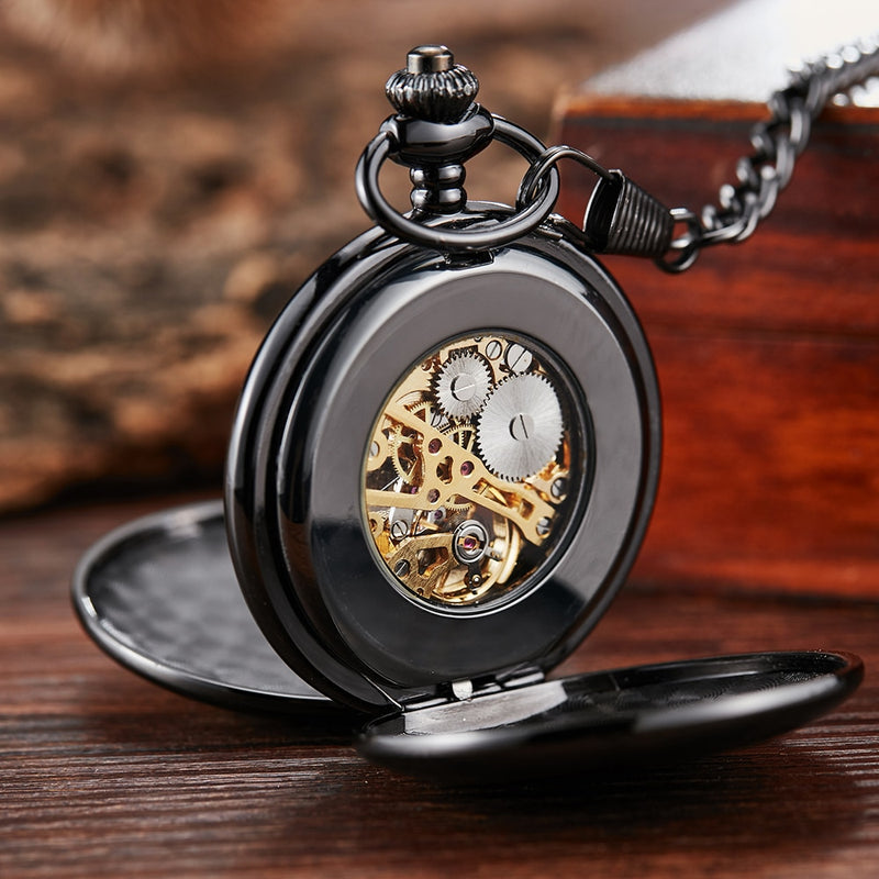 Silver Pocket Watch with Black Enamel Roman Numerals Dial for Men