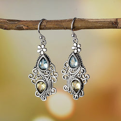 JoiasHome 925 sterling Silver Vintage Ethnic Blue Sea Topaz Flower Water Drop Pear Shaped Earrings