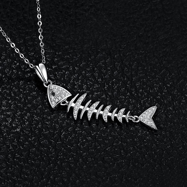 925 Sterling Silver Fishbone Pendant with Cubic Zirconia for Women