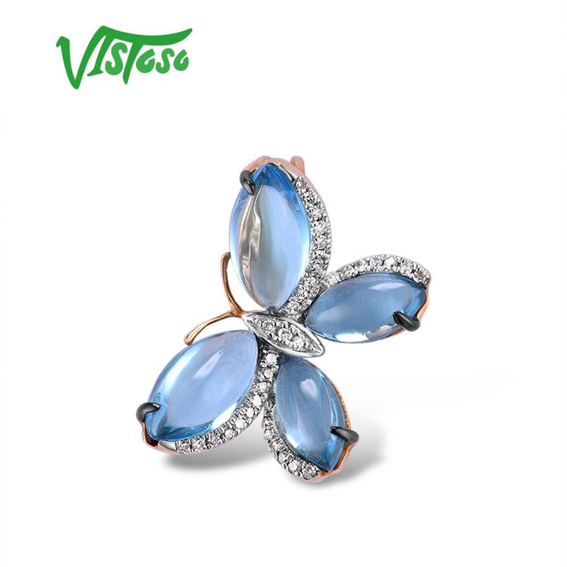 VISTOSO 14K 585 Rose Gold Limpid Blue Topaz Shiny Diamond Butterfly Pendant
