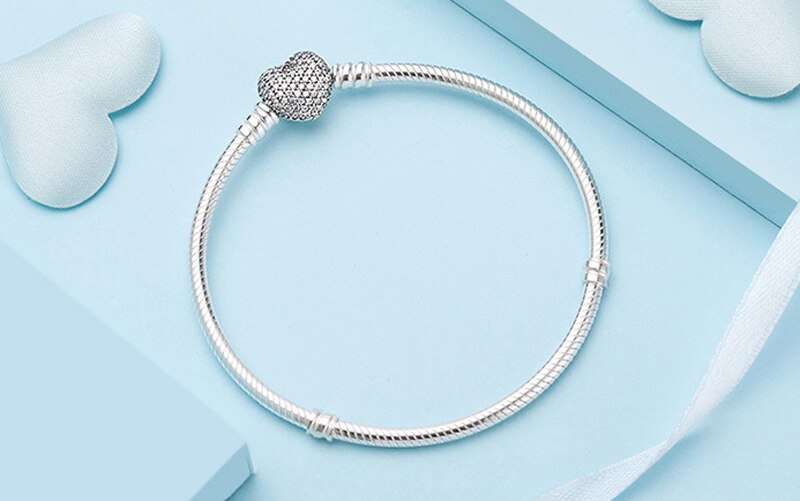 925 Sterling Silver Snake Chain Secure Heart Clasp Charms Bracelet