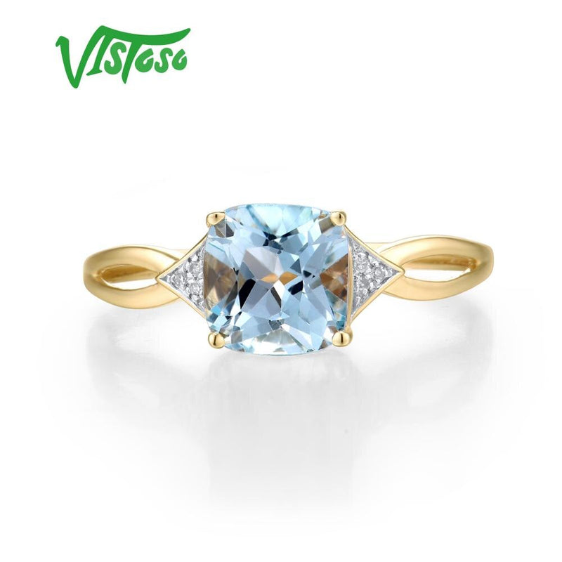VISTOSO Pure 14K 585 Yellow Gold Sky Blue Topaz Diamond Ring