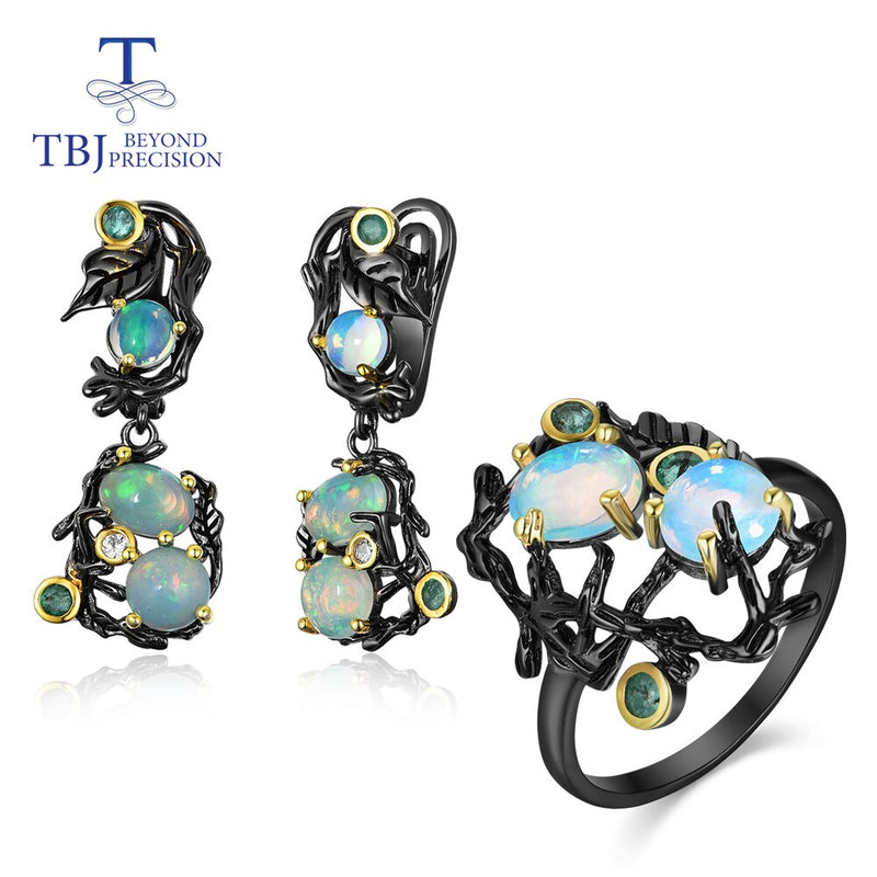 TBJ 925 Sterling Silver Vintage Tree\ Design Multi-Color Opal Ring & Earrings Jewelry Set\""