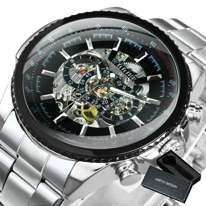 Silver-tone Stainless Steel Skeleton Automatic Watch for Men