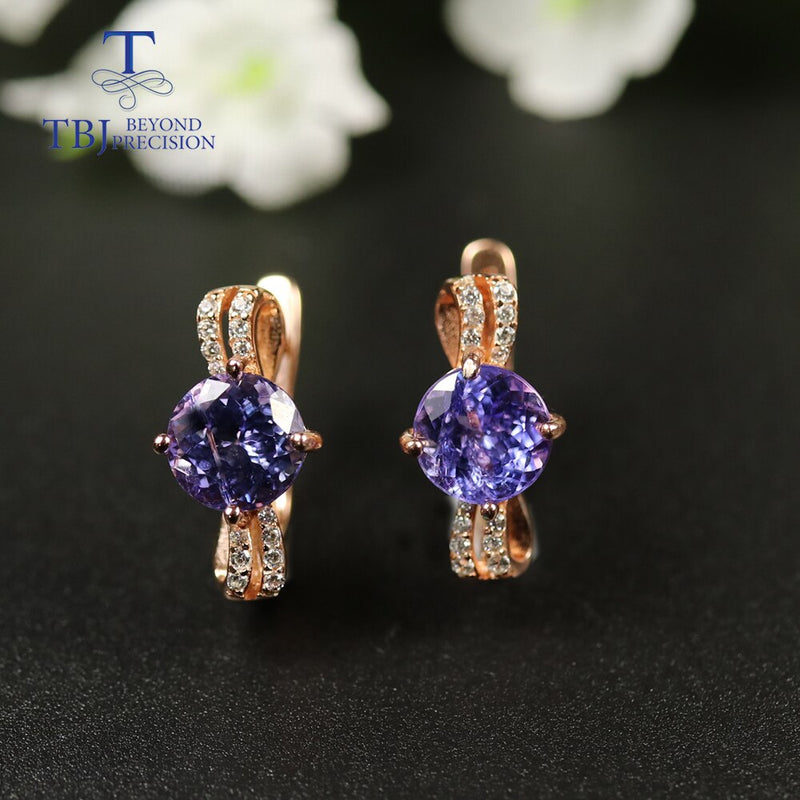 TBJ 925 Sterling Silver 7mm 2ct Natural Blue Tanzanite Clasp Earrings
