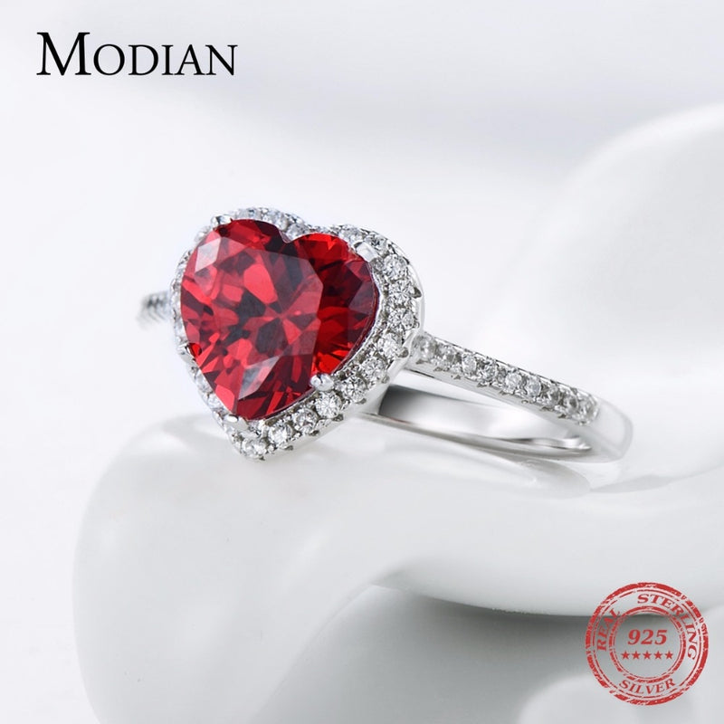 925 Sterling Silver Red Heart Ring with 5A CZ Zirconia for Women