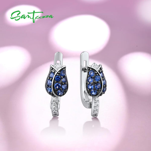 Sterling Silver Blue Tulip Cubic Zirconia Stud Earrings for Women