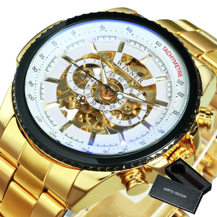 Silver-tone Stainless Steel Skeleton Automatic Watch for Men