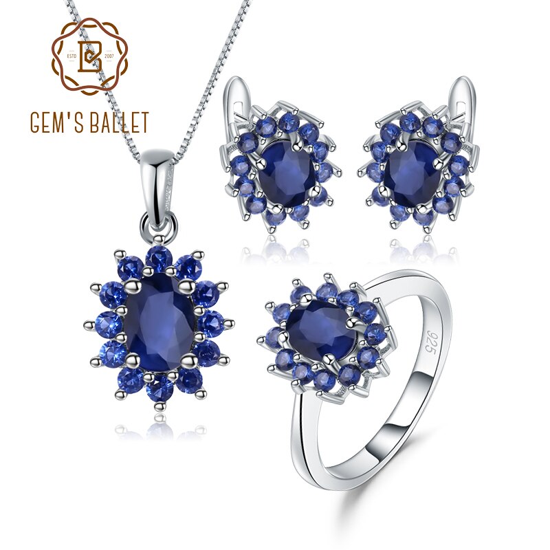 GEMS BALLET 925 Sterling Silver Natural Blue Sapphire Pendant Earrings & Ring Princess Diana Jewelry Set