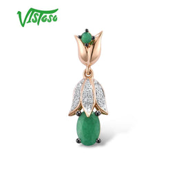 VISTOSO Pure 14K 585 Rose Gold Flower Natural Emerald Sparkling Diamond Pendant
