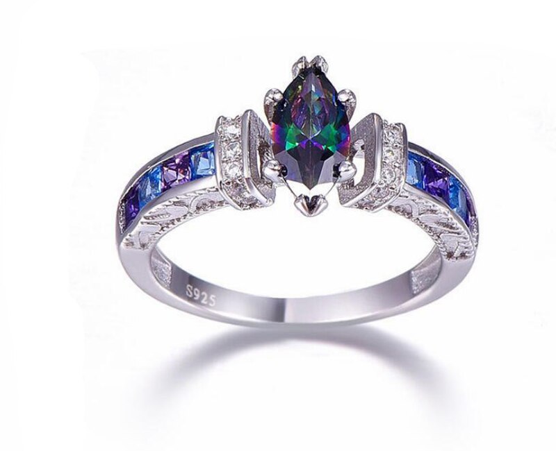 YANHUI Oval Rainbow Mystic Topaz Zircon Gemstones Ring 925 Sterling Silver