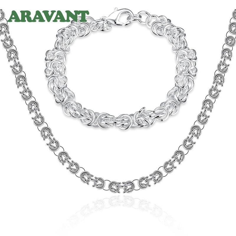 925 Silver 7mm Link Chain Necklace Bracelet Set for Women and Men