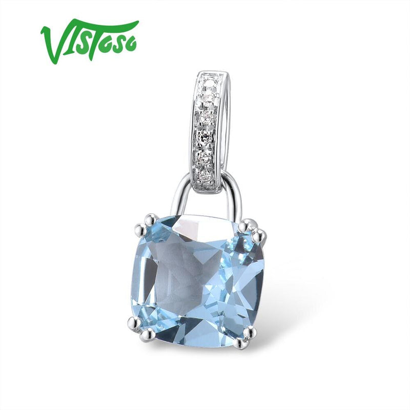 VISTOSO Genuine 14K 585 White Gold Radiant Sky Blue Topaz Sparkling Diamond Pendant