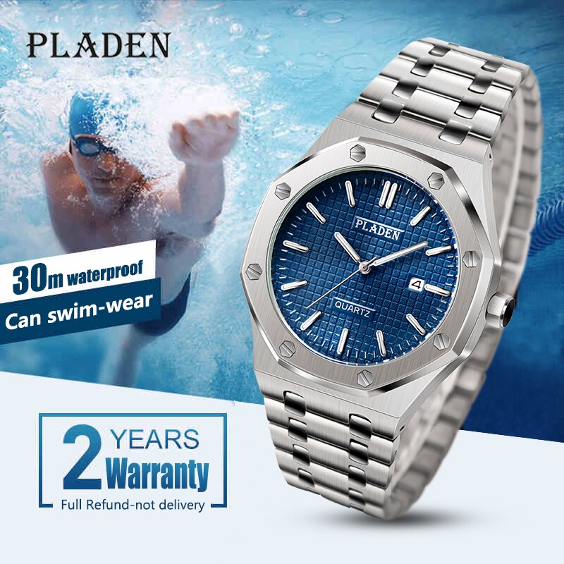 PLADEN Stylish Stainless Steel Waterproof Wristwatch Men