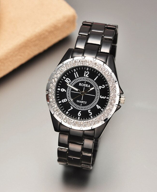 Luxury ROSRA Rhinestone White Black Women Wristwatch