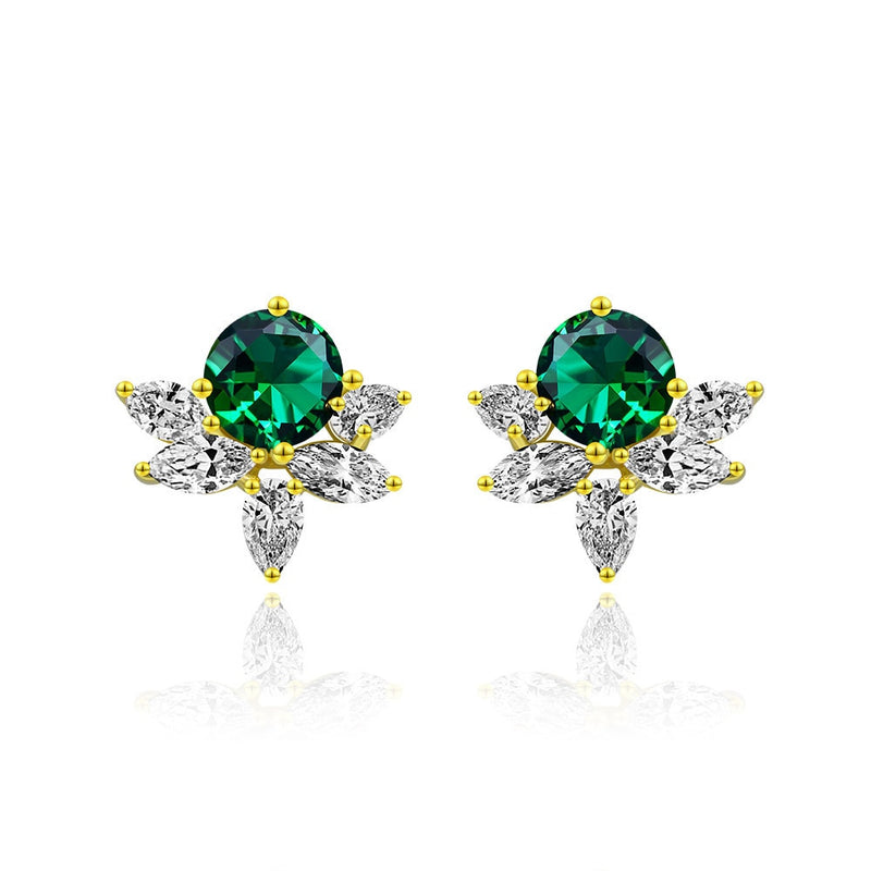 PANSYSEN Vintage 100% 925 Sterling Silver 7MM Round Cut Emerald Created Moissanite Diamond Stud Earrings Gold Color Fine Jewelry