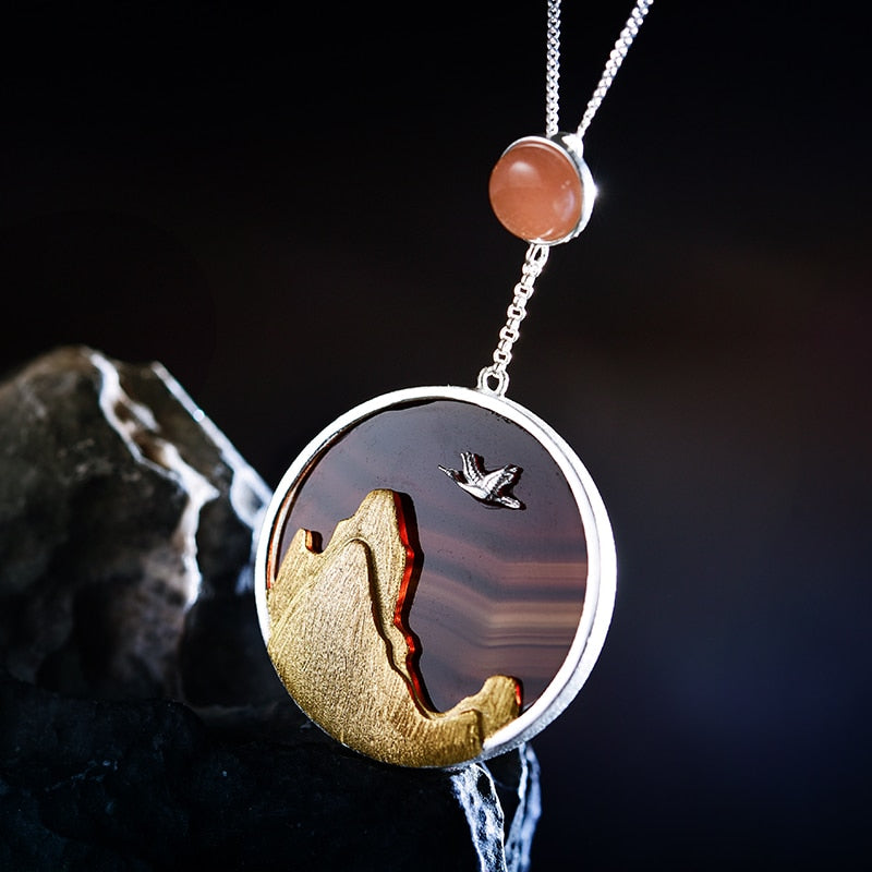 925 Sterling Silver Natural Gemstones Fun Creative Returning Bird in the Sunset Pendant for Her