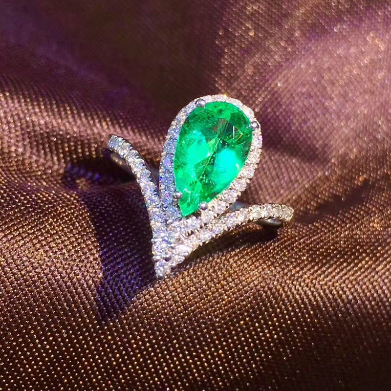 Fine Jewelry Real 18K Yellow Gold 1.11ct Colombia Pear Emerald Ring Natural Diamond for Men and Women Party