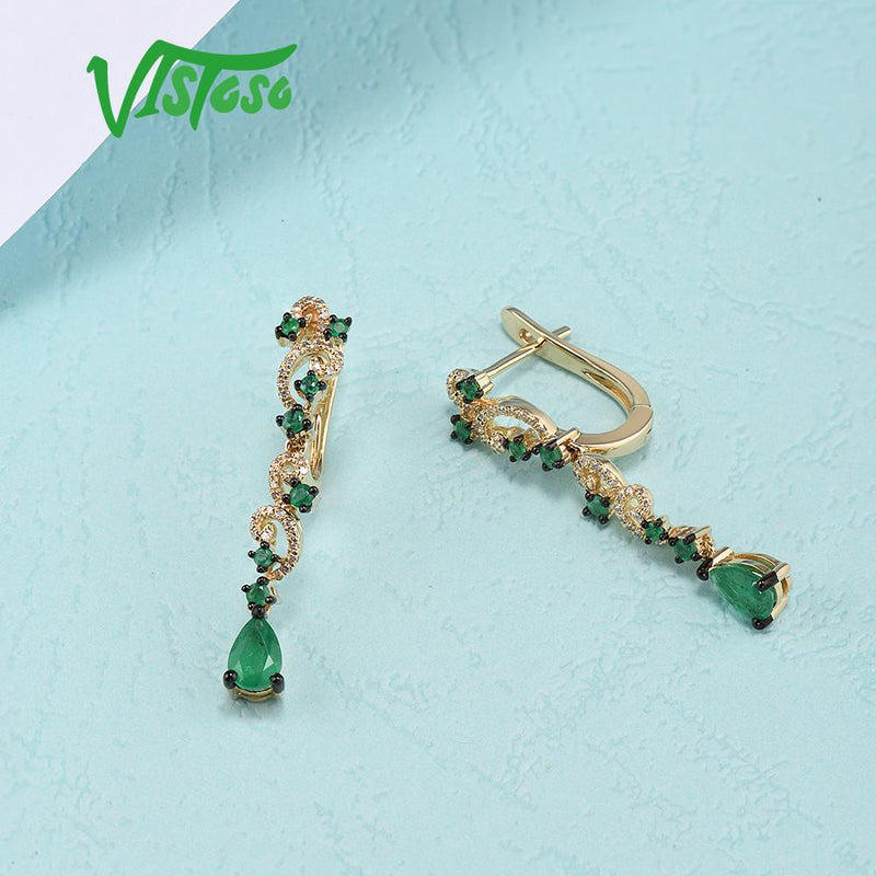 VISTOSO 14K 585 Yellow Gold Sparkling Emerald Luxury Diamond Earrings