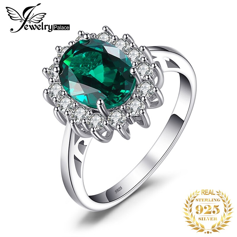 JewPalace 925 Sterling Silver Princess Diana Simulated Emerald Ring