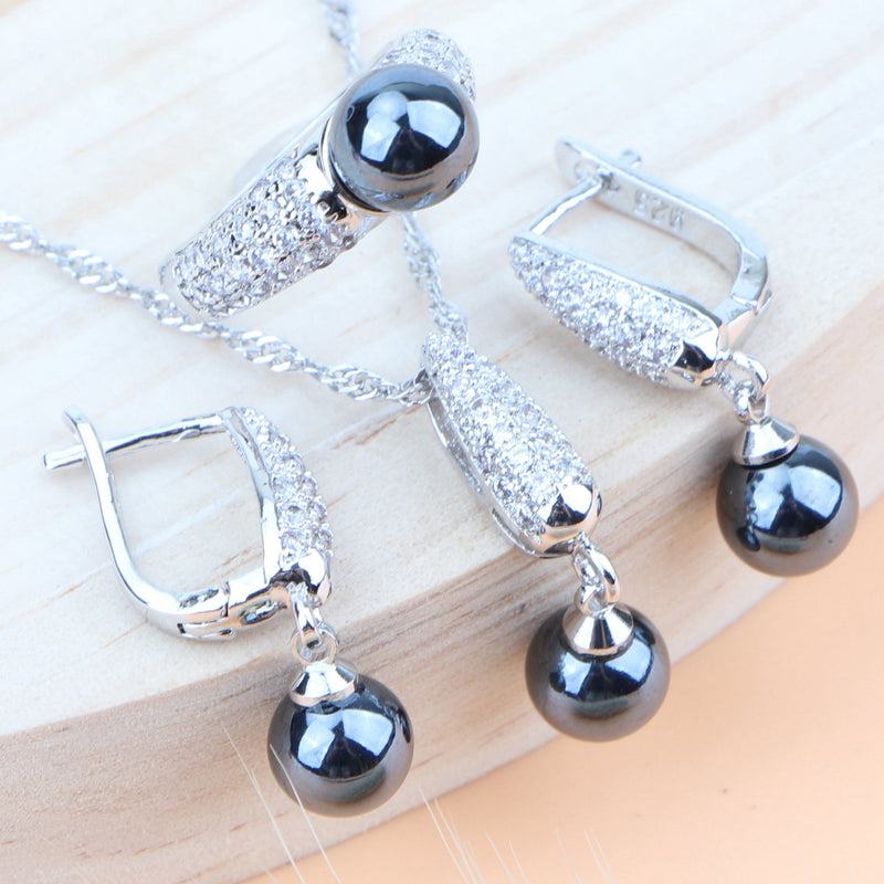 925 Sterling Silver Round Pearl Zircon Jewelry Set for Women